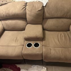 Brown Fabric Leather Recliner 2 Seat Couch 
