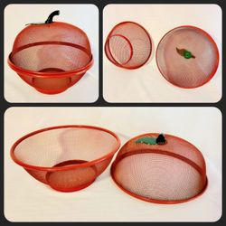 Red Apple Wire Mesh Basket 10" Lightweight Fresh Fruit Storage Green Stem Handle