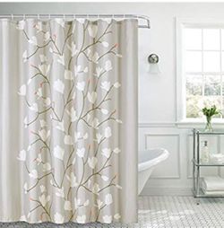 skymoving Shower Curtain Grey Flowers Fabric with Hooks Mildew Resistant Bath Curtain Waterproof & Antibacterial, 72x72 INCH(new)