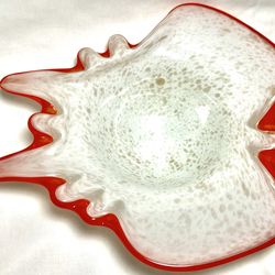 Murano Glass Butterfly Bowls Pair Red White Gold MCM Vintage 9”