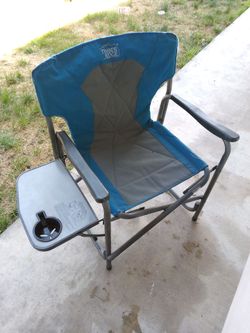Camping chair heavy duty with table fold out.