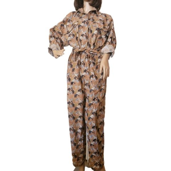 80s Vintage BULLOCKS WILSHIRE Safari Giraffe Animal Print Belted Tan Jumpsuit M