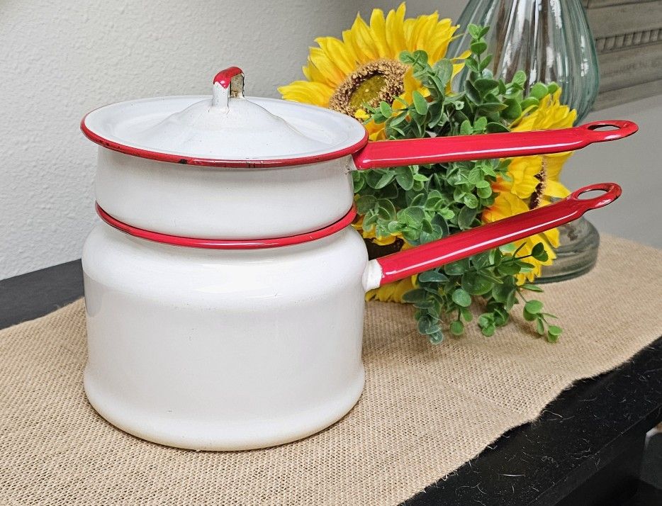 Vintage Enamel White And Red Double Boiler