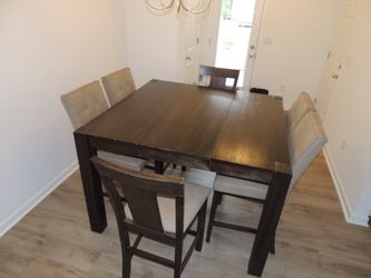Solid Dark Wood Dining Table Set – 6 Chairs w/ Removable Leaf