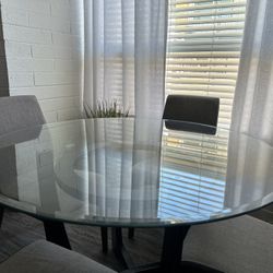 48” Round Glass Dining Table + 4 Upholstered Chairs – Great Condition