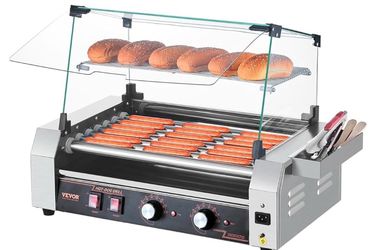 VEVOR Hot Dog Roller, 18 Hot Dog 7 Rollers, Stainless Steel Sausage Grill Cooker, 1050W Commercial Hot Dog Machine with Dual Temp Control, Cover, Side