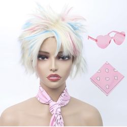 Short Blonde Wigs for Women Highlight Pink & Blue Wigs with Bandana & Glasses Straight Colorful