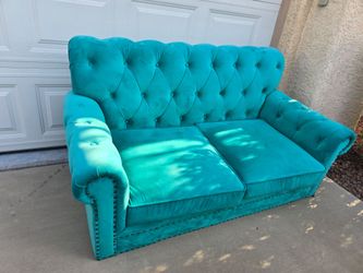 Teal Velvet Tufted Loveseat with Nailhead Trim