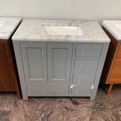 36” Grey Solid Wood Bathroom Vanity With Marble Top (V2)