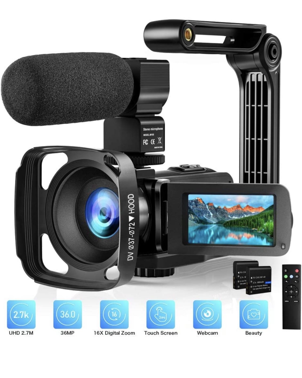 Video Camera with Microphone 2.7K Camcorder HD 36MP/30FPS YouTube Vlogging Camera IR Night Vision 16X Digital Zoom Digital Recorder with 3.0" IPS Touc