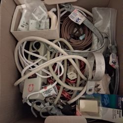 Box Of Electric Plugs, Power Cords, Straps, Hooks, Brackets, Electrical Plugs Etc