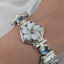 7.5" Vintage Sterling Silver Detailed Carved Mother of Pearl Hibiscus Flower with Mossanite diamonds and Natural Topaz Gemstones Bracelet