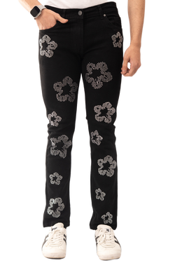 Men's Rhinestone Slim Fit Jeans – Jet Black – Sizes 28-38