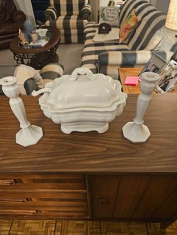White Ceramic Soup Tureen with Ladle and Candlesticks
