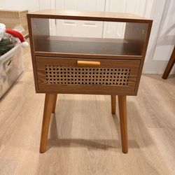 Mid-Century Modern Nightstand with Rattan Drawer - Oak Finish