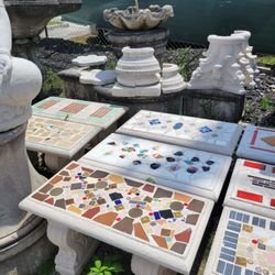 Concrete Mosaic Straight Benches / Cement Backyard Garden Patio Bench / Outdoor Patio Furniture