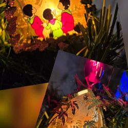 2 Vintage Christmas Bulb Cover Gold Ornaments Colorful Pyramid Shepherd Angel