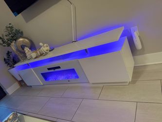 Modern White TV Stand with Electric Fireplace and LED Lighting
