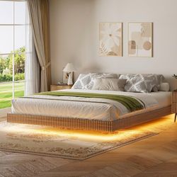 2286a $120  King Size Floating Bed Frame with Smart LED Lights, Modern Fluted Walnut Platform Bed, Heavy Duty Metal Slats Support No Box Spring Needed