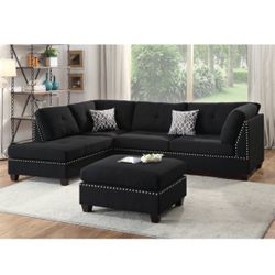 Black Linen Like Fabric Reversible Sectional Sofa With Ottoman Brand New In Box Firm Price $520