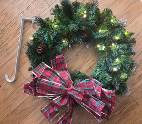 Christmas Wreath with white lights and Plaid Bow