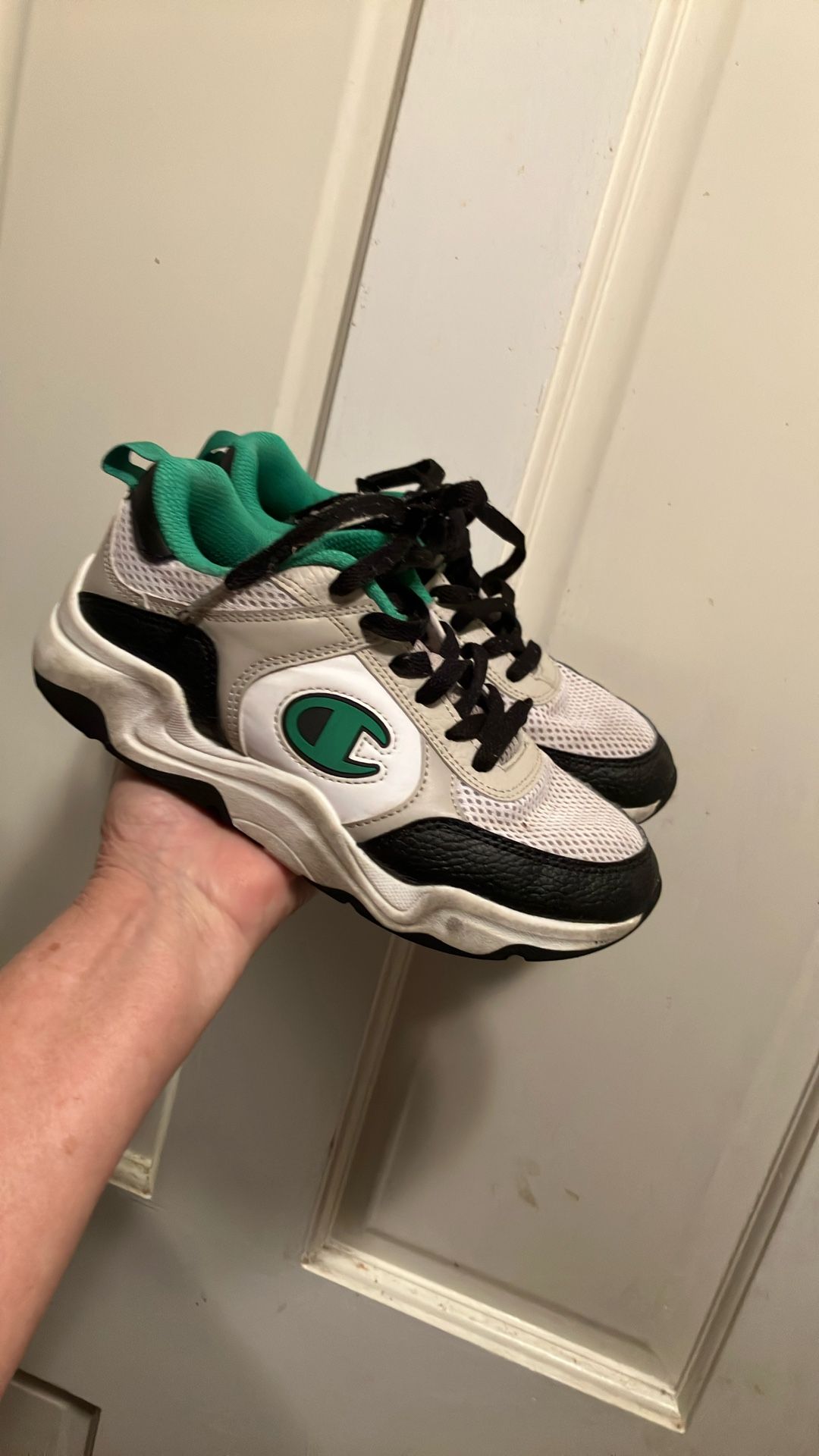 School Age Kids Size 3 Champion White And Green Tennis Shoes