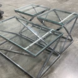 Occasional Coffee & End Tables Set Silver Tempered Glass 