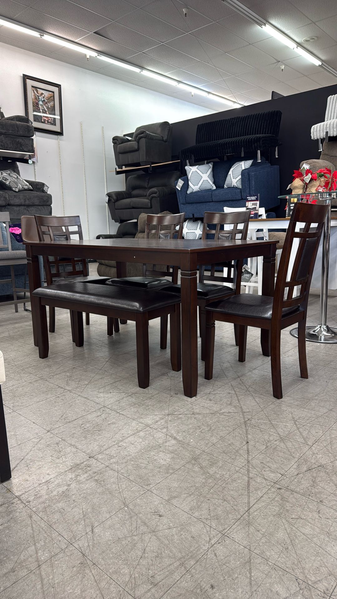 Brown Dining Table With Faux Leather Chairs