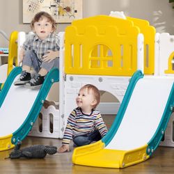  8 in 1 Toddler Slide and Swing Set with 2 Slides, Baby Slide, with Basketball Hoop, Climber, Aisle, Steering Wheel, Storage Space, Telescope, Indoor 