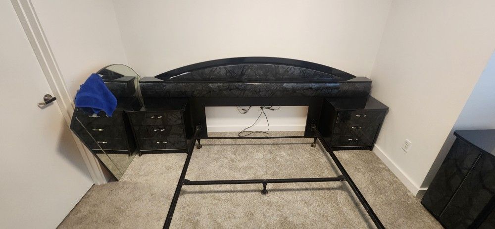 Queen Bed Frame, Dresser, Vanity Mirror And Night Stands