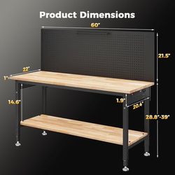 60" Work Bench Adjustable Height with Storage Shelf, Max Load 2000 LBS Heavy Dut
