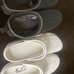 Men’s Size 12 Bundle – Black Fleece Slippers + White Crocs (Used)