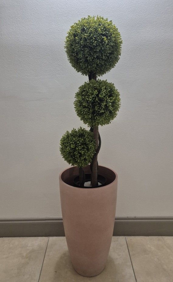3ft Faux Boxwood 3-Ball Topiary in 21" Light Pink Resin Planter @ Lasting Creations