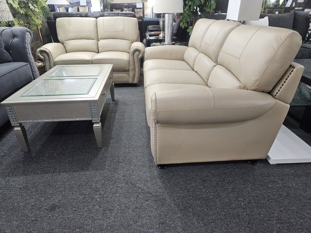 Brand New Biege Real Leather Sofa + Loveseat 2PCs Set