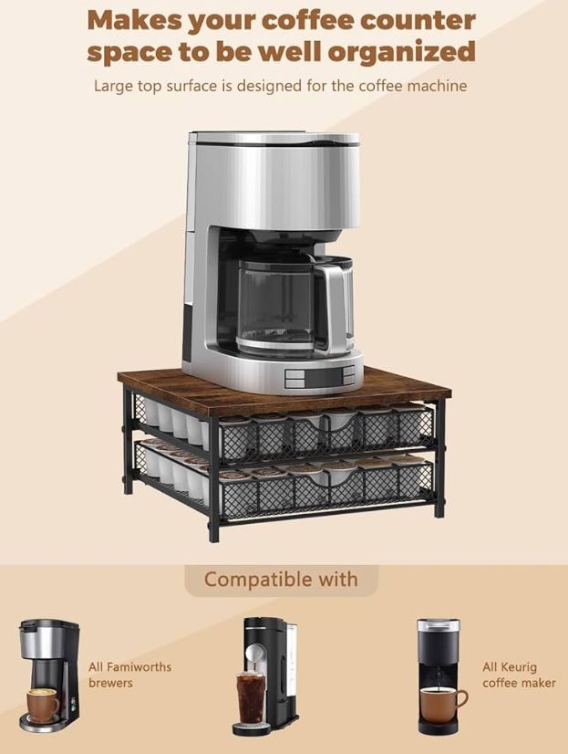 (2022) Coffee Pod Holder for K Cup Holder Drawer Holder, Coffee Pod Drawer For Counter, 2 Tier K-Cup Storage With Sliding Baskets, 72 Capacity Pods Or