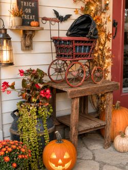 Antique Victorian Baby Dolly Carriage Buggy Nostalgic Wicker Rattan Wood Metal Halloween Decor