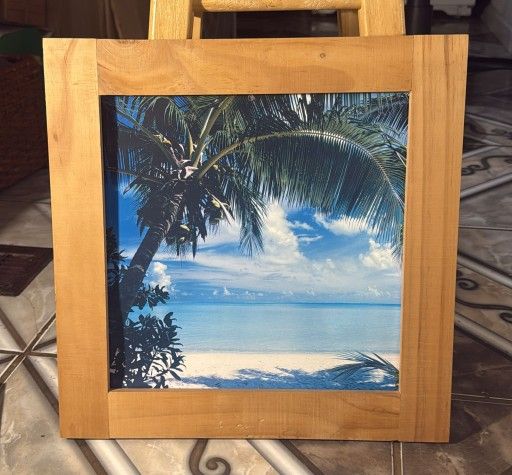 Tropical beach picture with palm tree wooden frame 15x15 inches.