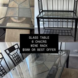 Glass table 6 Chairs with Wine Rack