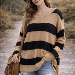 Easel Striped Knit Sweater Tan Black S/M Lightweight Oversized
