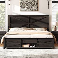 Farmhouse Black Queen Size Platform Bed Frame with Headboard and 3 Barn Door Storage Cabinets, No Box Spring Needed, Mattress Not Included
