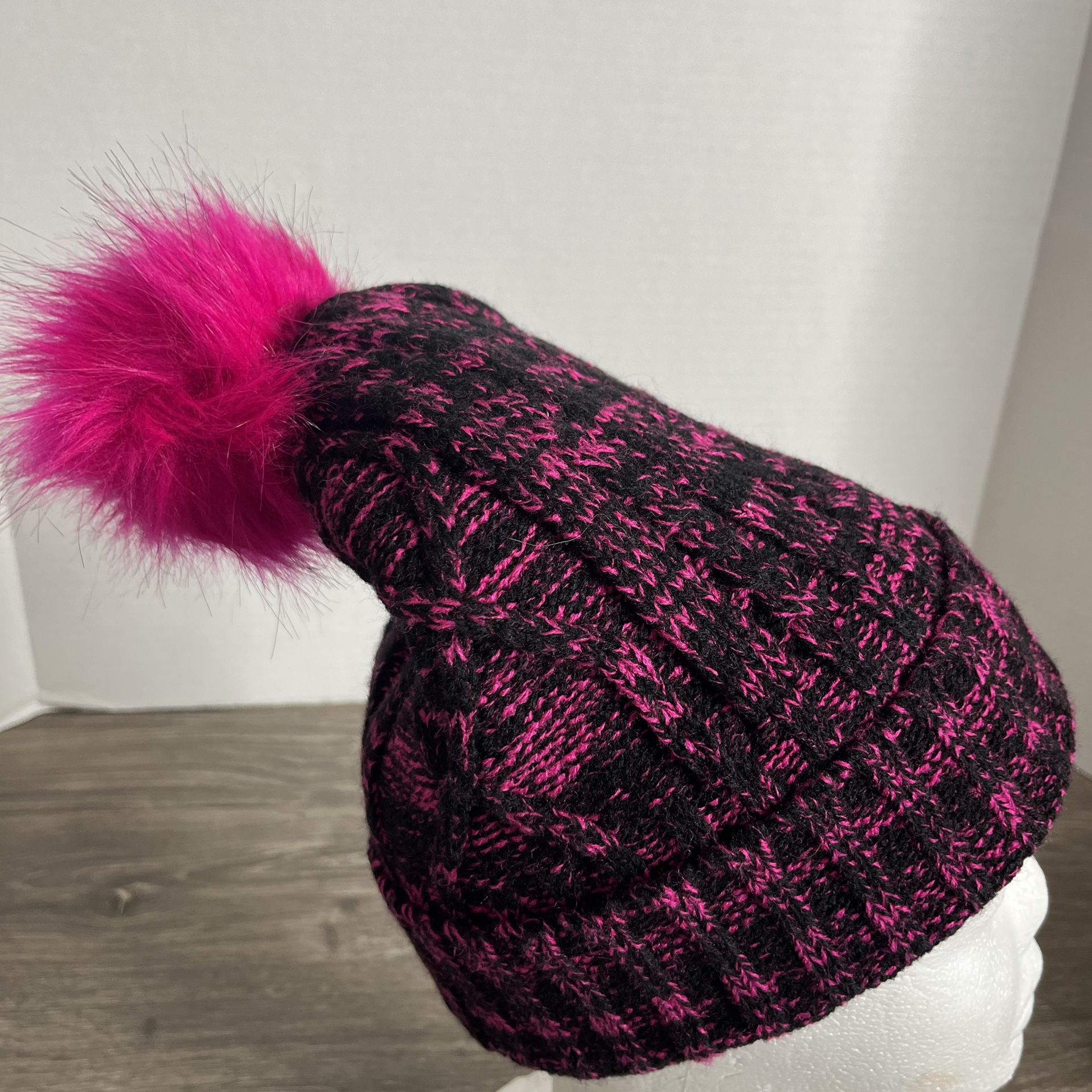 Acrylic Black & Hot Pink Beanie With Pom Pom Women