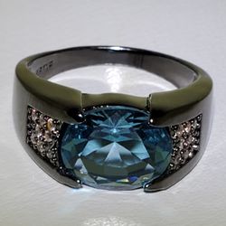 Men's Gun Metal Black Gold Filled Aquamarine Ring Size 10