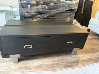 Black Wood Coffee Table with Drawers & Metal Legs