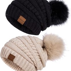 Beanies Women with Pom, Winter Hats for Women with Thick Warm Fleece Lining Cold Weather, Beanie Hats for Women Knit Slouchy