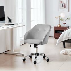 Velvet Vanity Chair with Wheels, Tufted Makeup Seat, Light Gray