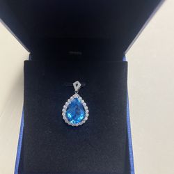 Swiss Blue Topaz Pear & Moissanite Silver Pendant Necklace 