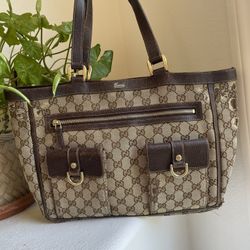 Gucci GG Brown Leather Canvas Summer Shoulder Bag Abbey Gold