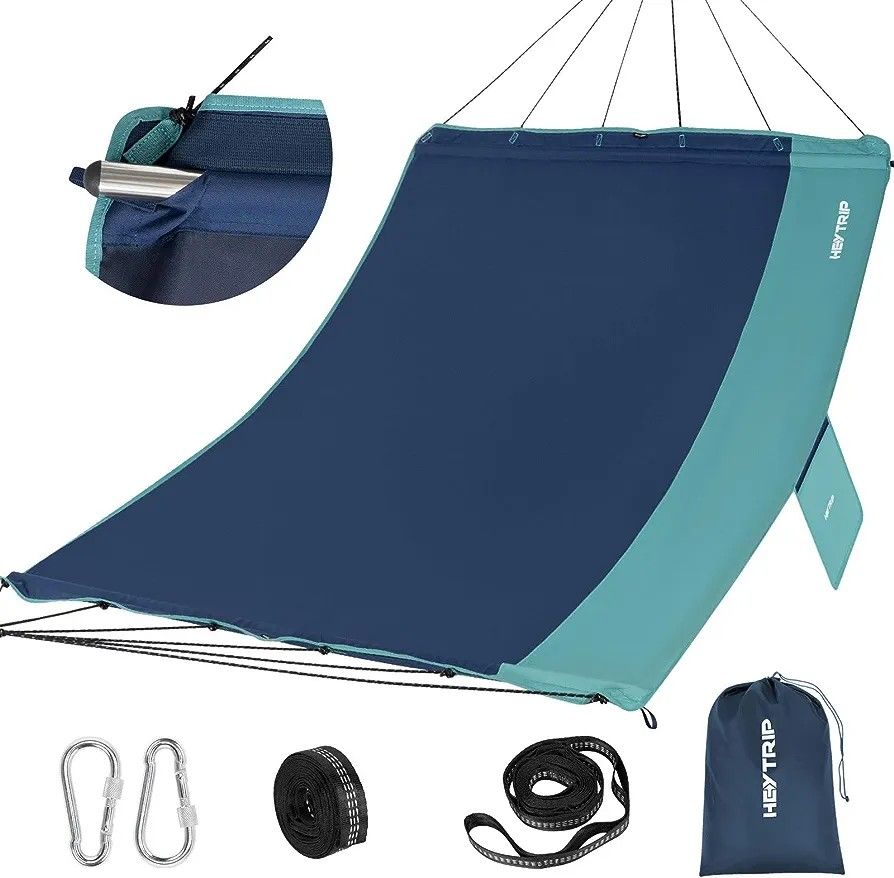 Hammocks for Outside 2 Person Hammock with Detachable Spreader Stainless Steel Bars 12FT Portable Hammock w/ 2 Side Pocket Outdoor Hammock 450 lb H