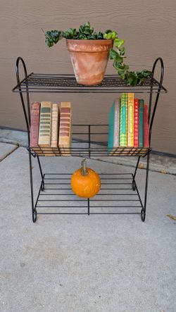 Vintage Mid Century Modern Black Iron Perforated Starburst Mesh Shelf Rack Side End Table Record Album Book Stand Plant Stand
