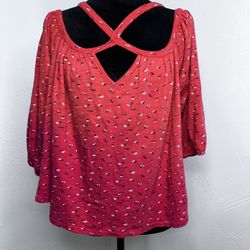 Lucky Brand Red Print Blouse With Cutout Detail Cotton Size:L